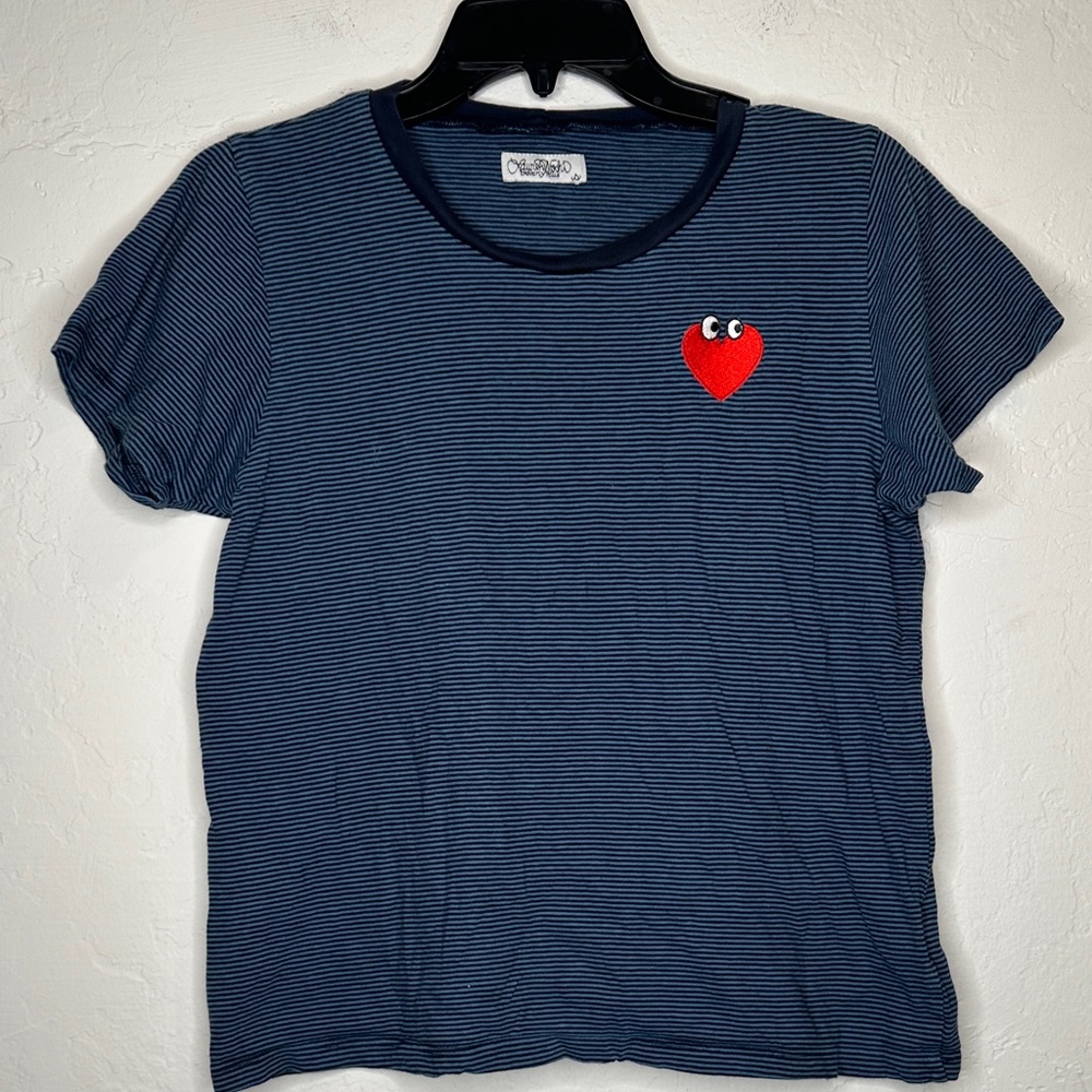 Lauren Moshi Blue Striped Tee with Heart Patch